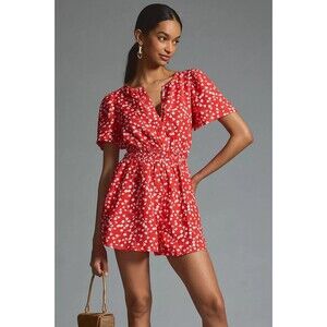 By Anthropologie The Somerset Romper Floral Printed Red Smocked 1X-PS 285352